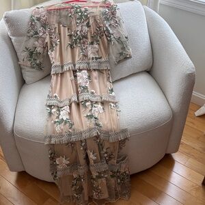 Just Me Floral Embroidered Midi Dress - Beige and Green